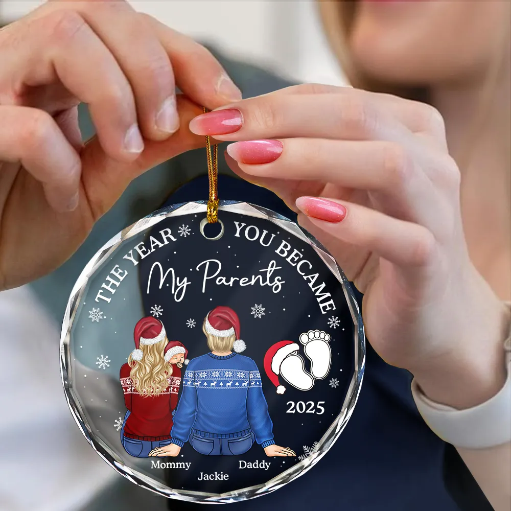 The Year You Became My Parents Family Of Three - Personalized Circle Glass Ornament - Image 4