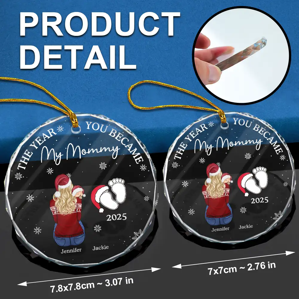The Year You Became My Parents Family Of Three - Personalized Circle Glass Ornament - Image 6
