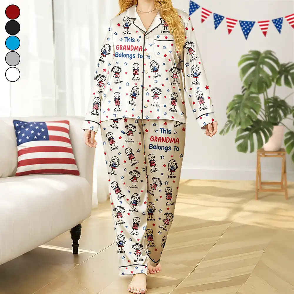 This Grandma Mom Belongs To Kids Pet US Flag - Personalized Satin Pajama Set
