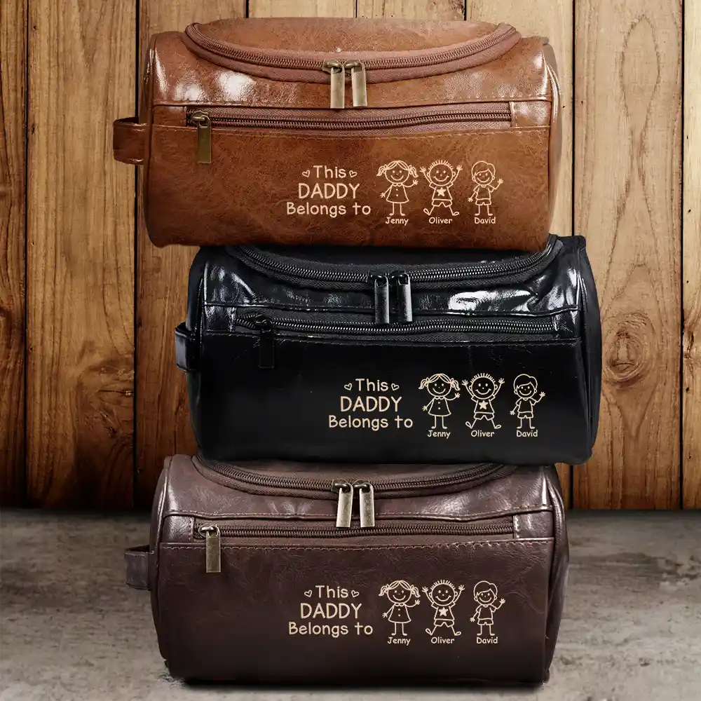 This Grandpa Dad Belongs To Kids Pet - Personalized Leather Toiletry Bag - Image 2