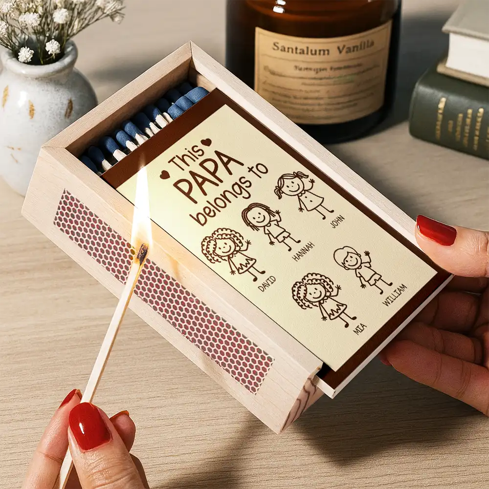 This Grandpa Dad Belongs To Kids Stick Figure - Personalized Wooden Matchbox - Image 2