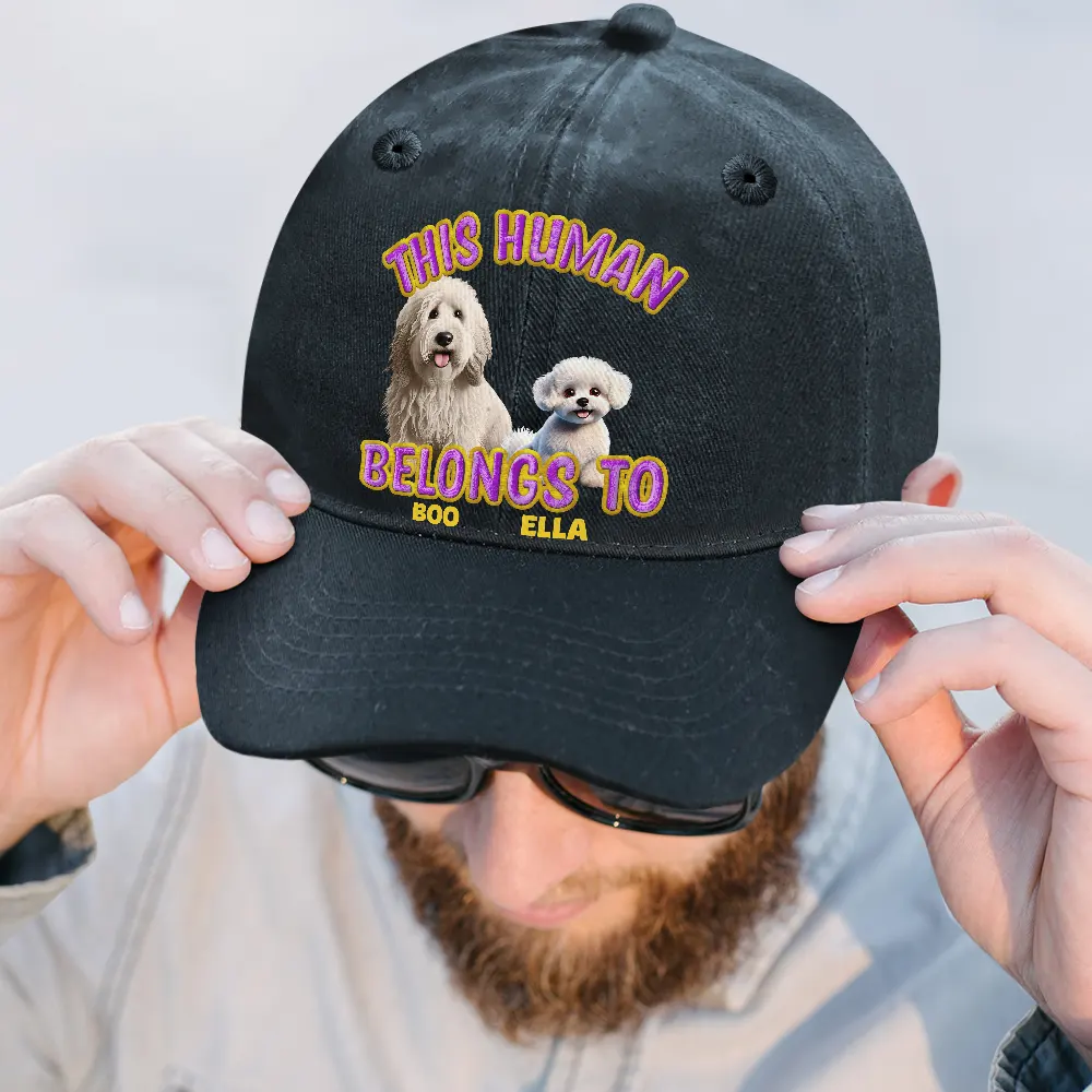 This Human Belongs To Cute Dog - Embroidery Text Effect Printed, Personalized Vintage Washed Denim Cap - Image 2
