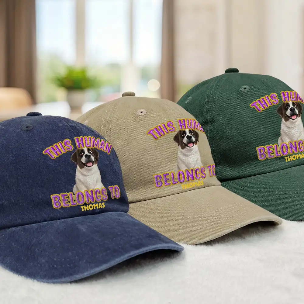 This Human Belongs To Cute Dog - Embroidery Text Effect Printed, Personalized Vintage Washed Denim Cap - Image 3