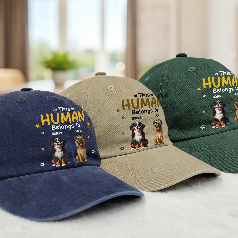 This Human Belongs To Pet Mom Pet Dad - Personalized Vintage Washed Denim Cap - Image 3