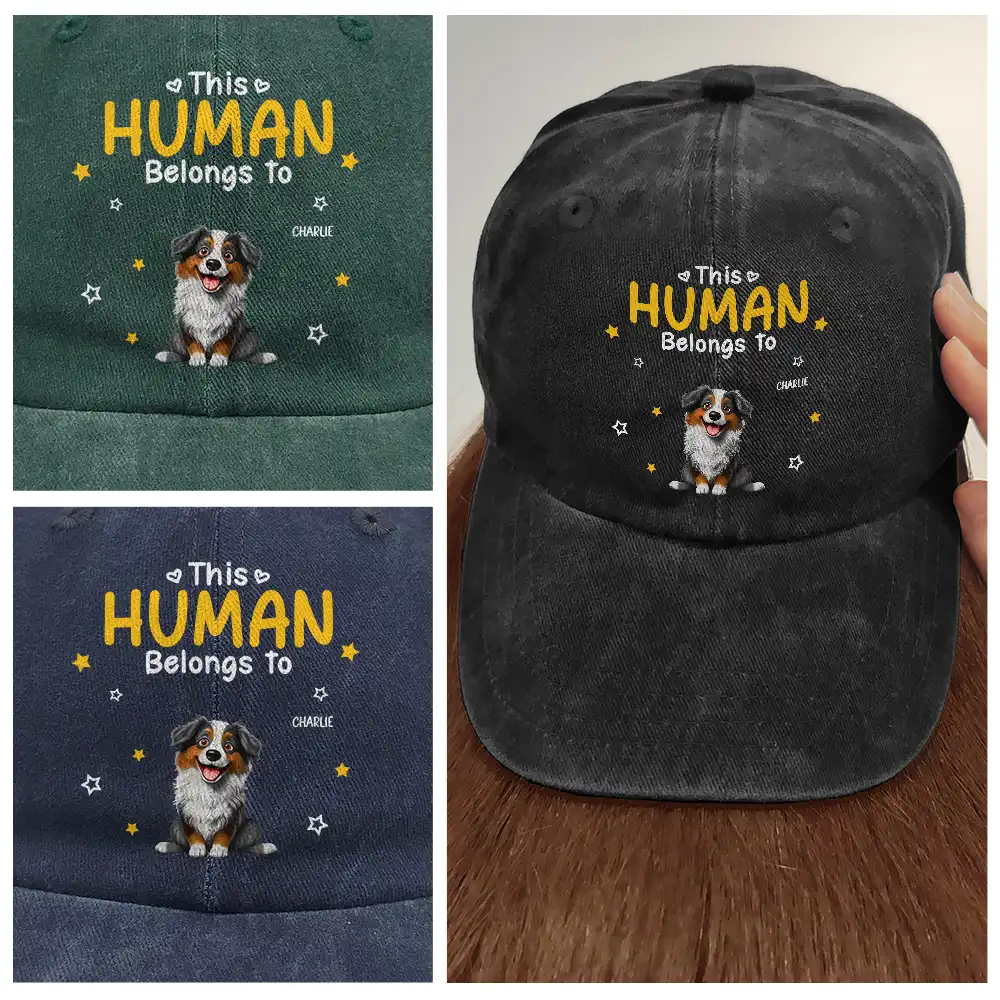 This Human Belongs To Pet Mom Pet Dad - Personalized Vintage Washed Denim Cap - Image 4
