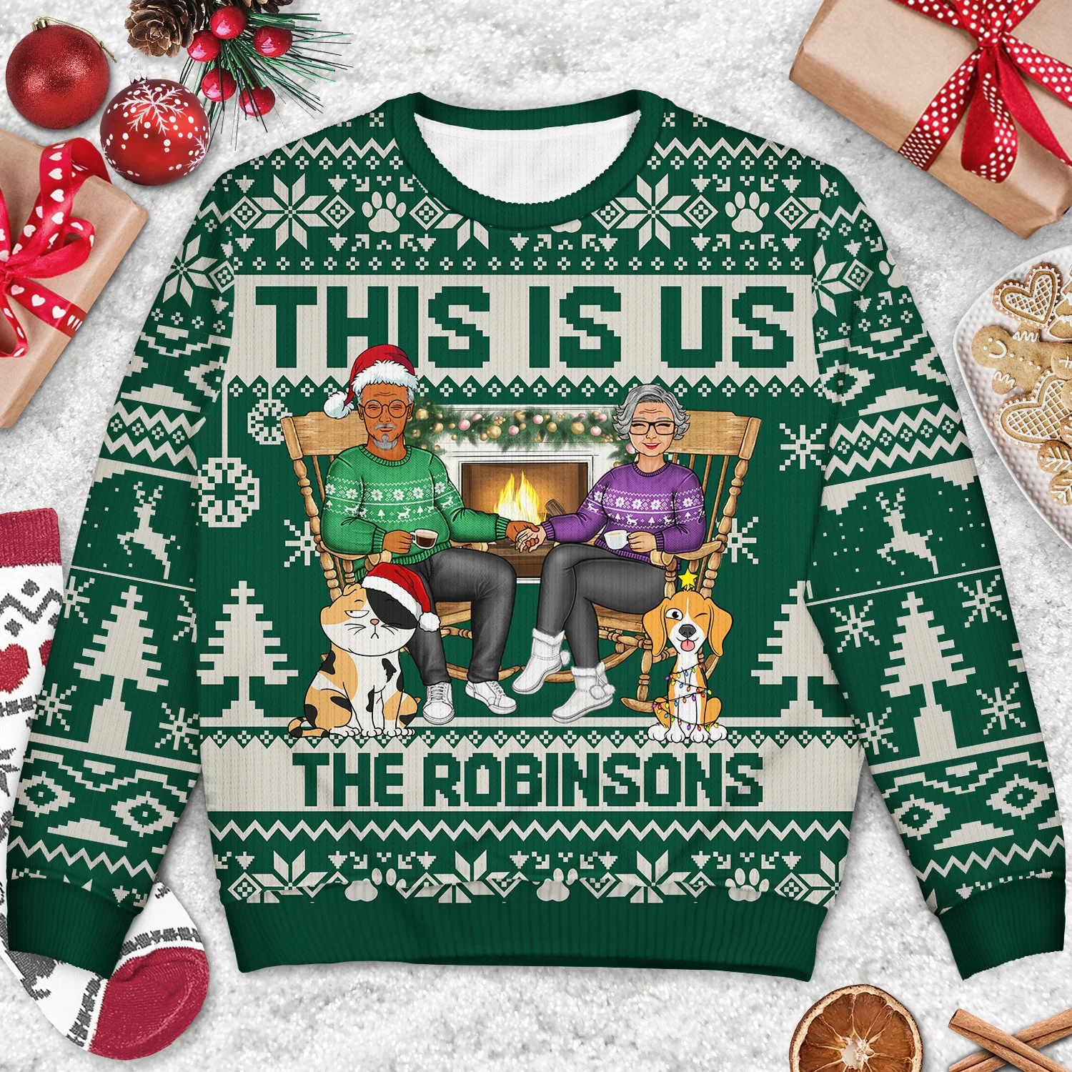 This Is Us Couple And Dogs Cats - Christmas Gift For Pet Lovers And Family - Personalized Unisex Ugly Sweater - Image 3