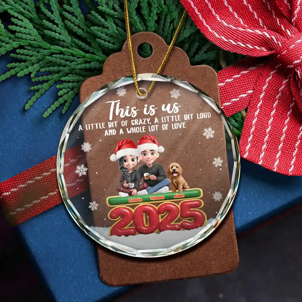 This Is Us Couple With Kids And Dogs Cats 3D Effect - Personalized Circle Glass Ornament - Image 5