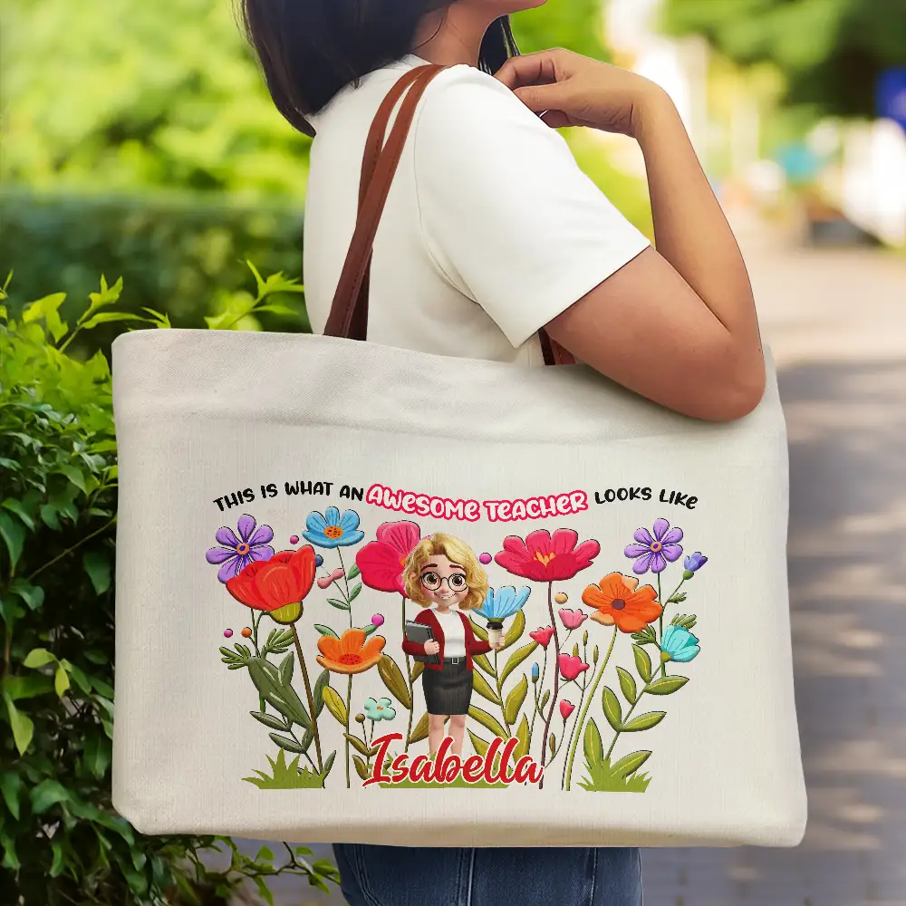 This Is What An Awesome Teacher Looks Like - Personalized Leather Handle Tote Bag - Image 2