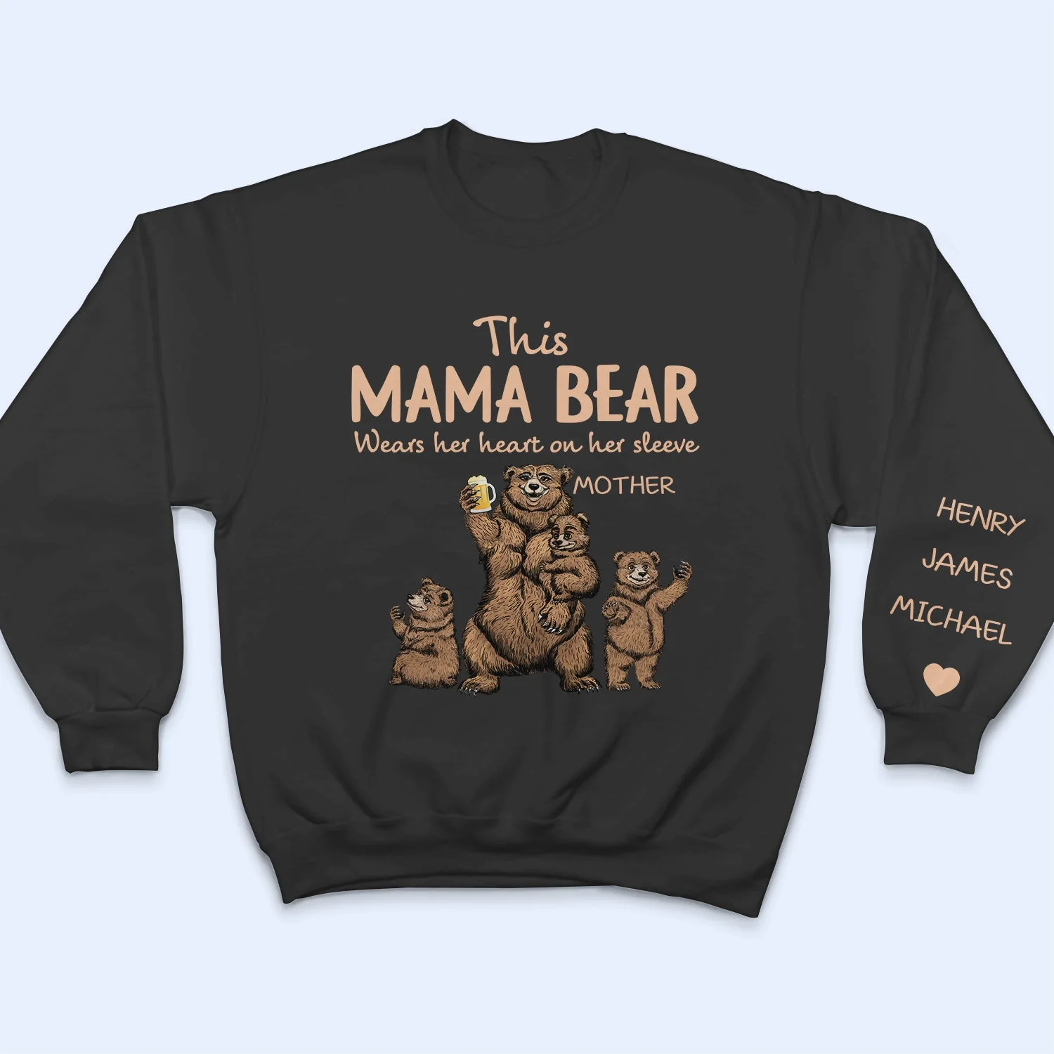 This Mama Bear Wears Her Heart - Gift For Mom, Nana - Personalized Unisex Sweatshirt With Design On Sleeve - Image 3