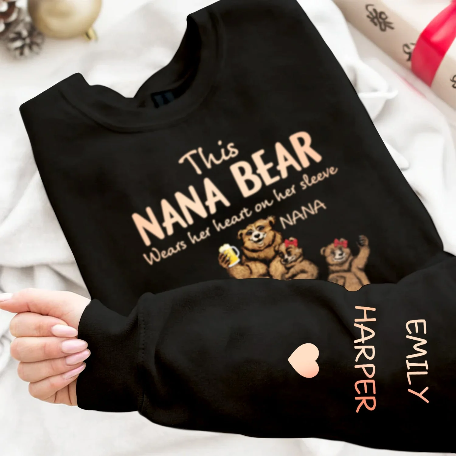 This Mama Bear Wears Her Heart - Gift For Mom, Nana - Personalized Unisex Sweatshirt With Design On Sleeve - Image 4