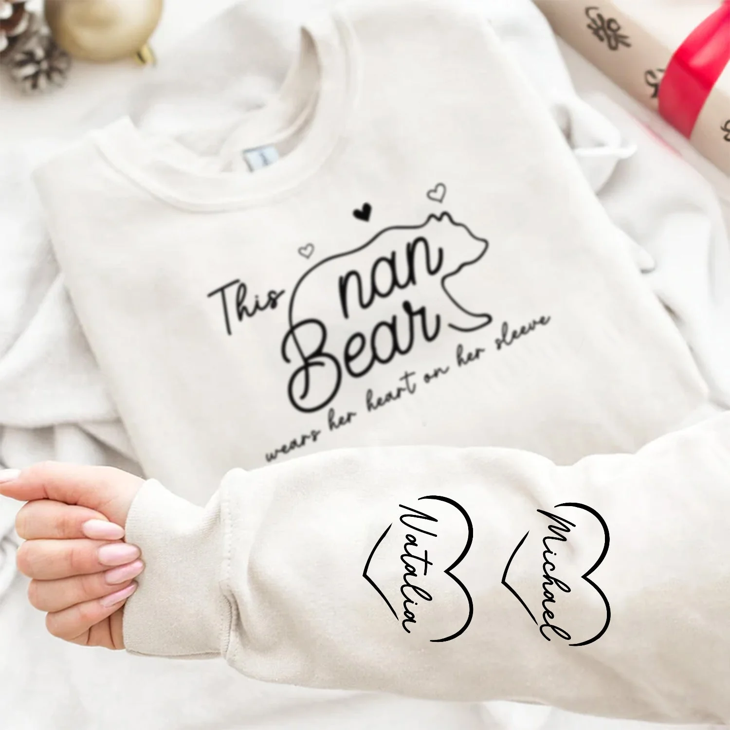 This Mama Bear Wears Her Heart On Her Sleeve - Gift For Mom - Personalized Sweatshirt With Sleeve Imprint - Image 4