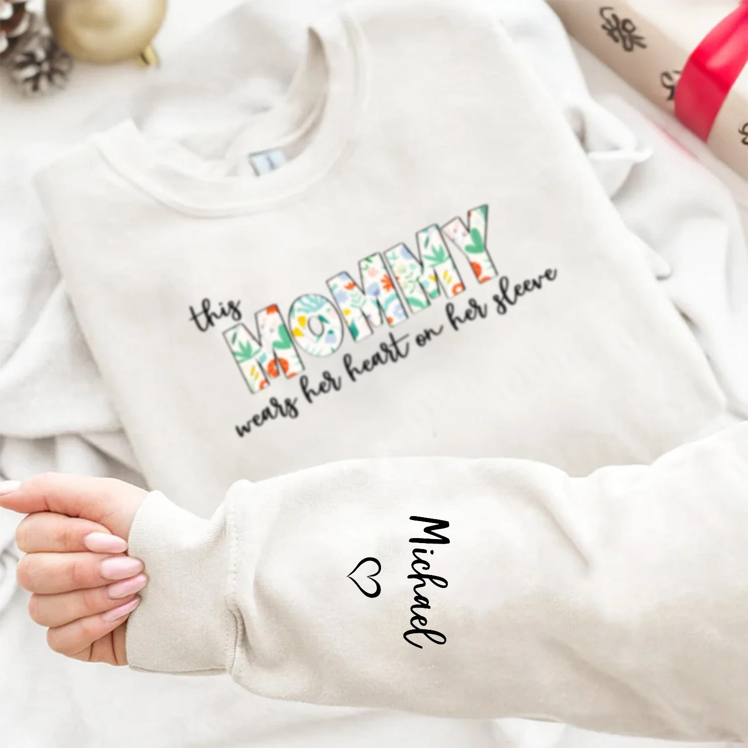 This Mama Wears Her Heart On Her Sleeve - Birthday, Loving Gift For Mom, Mother, Grandma, Grandmother - Personalized Sweatshirt With Sleeve Imprint - Image 4