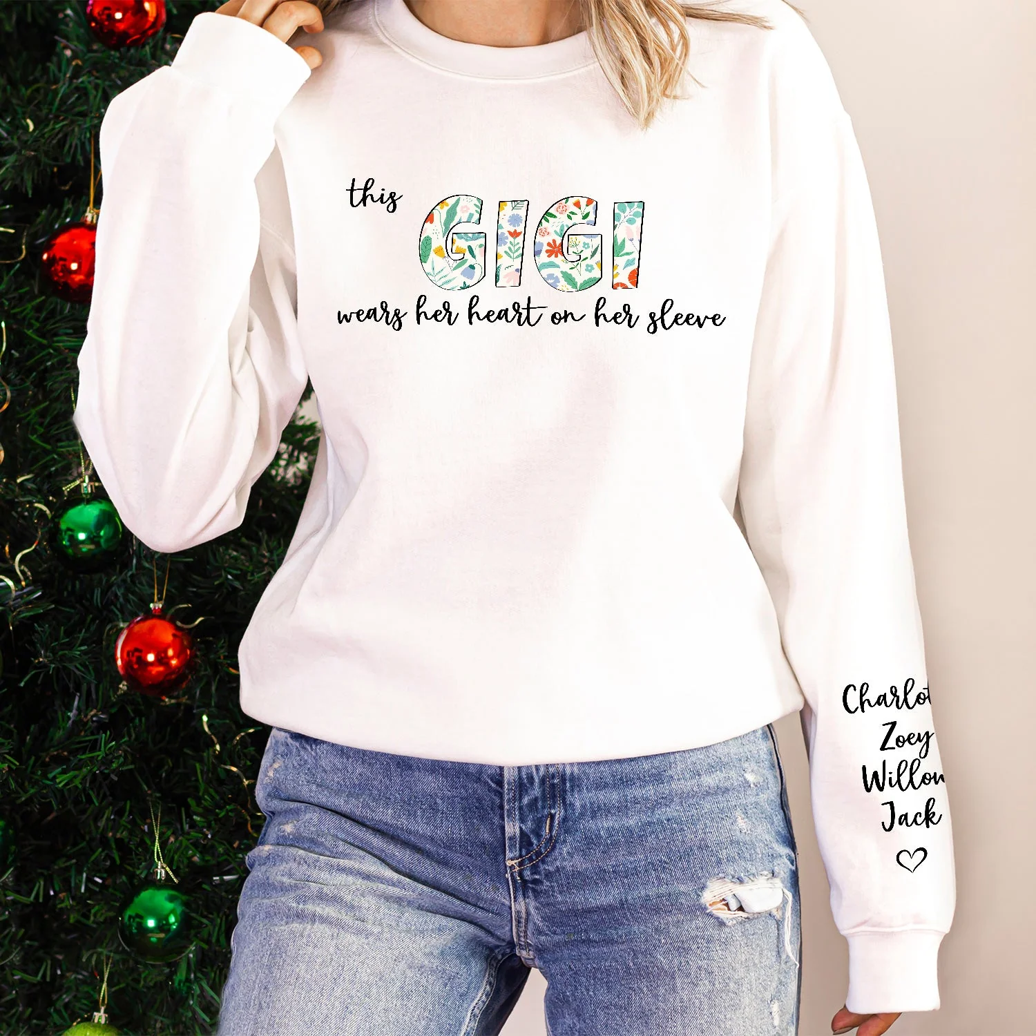This Mama Wears Her Heart On Her Sleeve - Birthday, Loving Gift For Mom, Mother, Grandma, Grandmother - Personalized Sweatshirt With Sleeve Imprint - Image 5