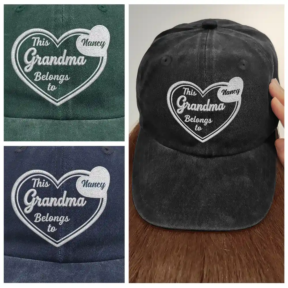 This Mom Belongs To 3D Embroidery Effect - Personalized Vintage Washed Denim Cap - Image 4