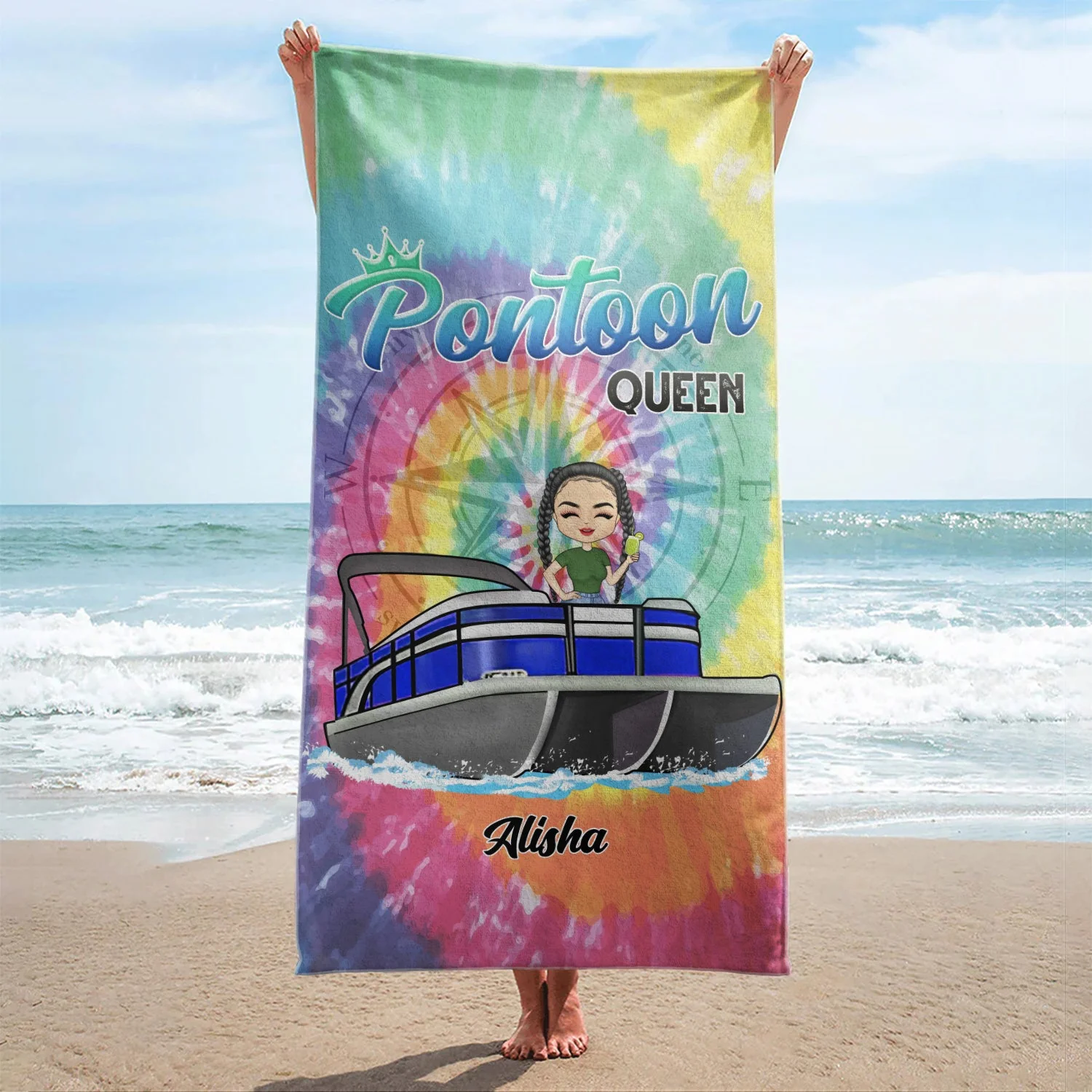 Tie Dye Pontoon Queen - Gift For Pontoon Owner - Personalized Custom Beach Towel - Image 2