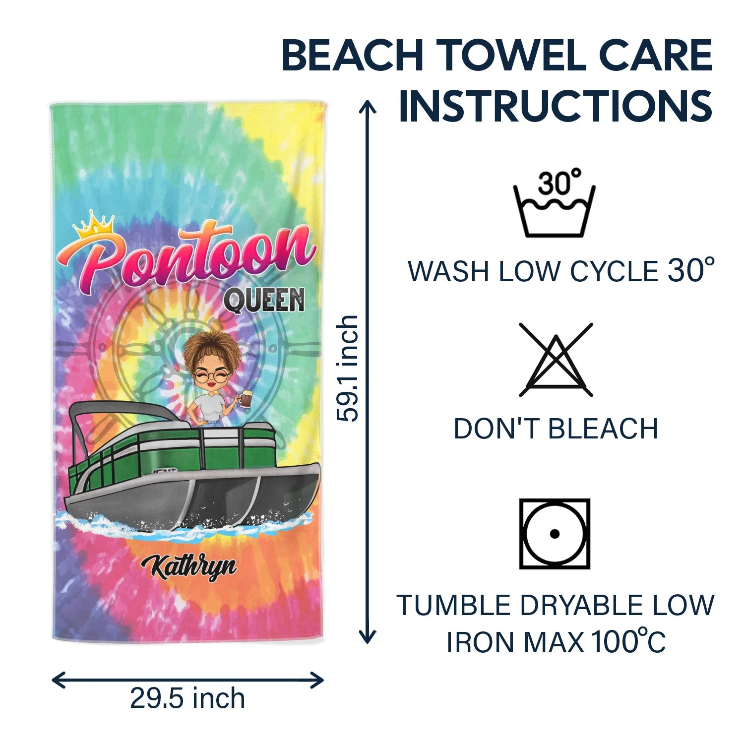 Tie Dye Pontoon Queen - Gift For Pontoon Owner - Personalized Custom Beach Towel - Image 6