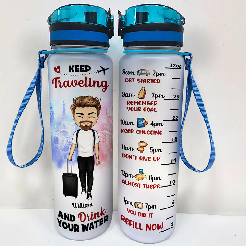 Time To Travel And Drink Your Water - Gift For Travel Lovers - Personalized Custom Water Tracker Bottle - Image 2