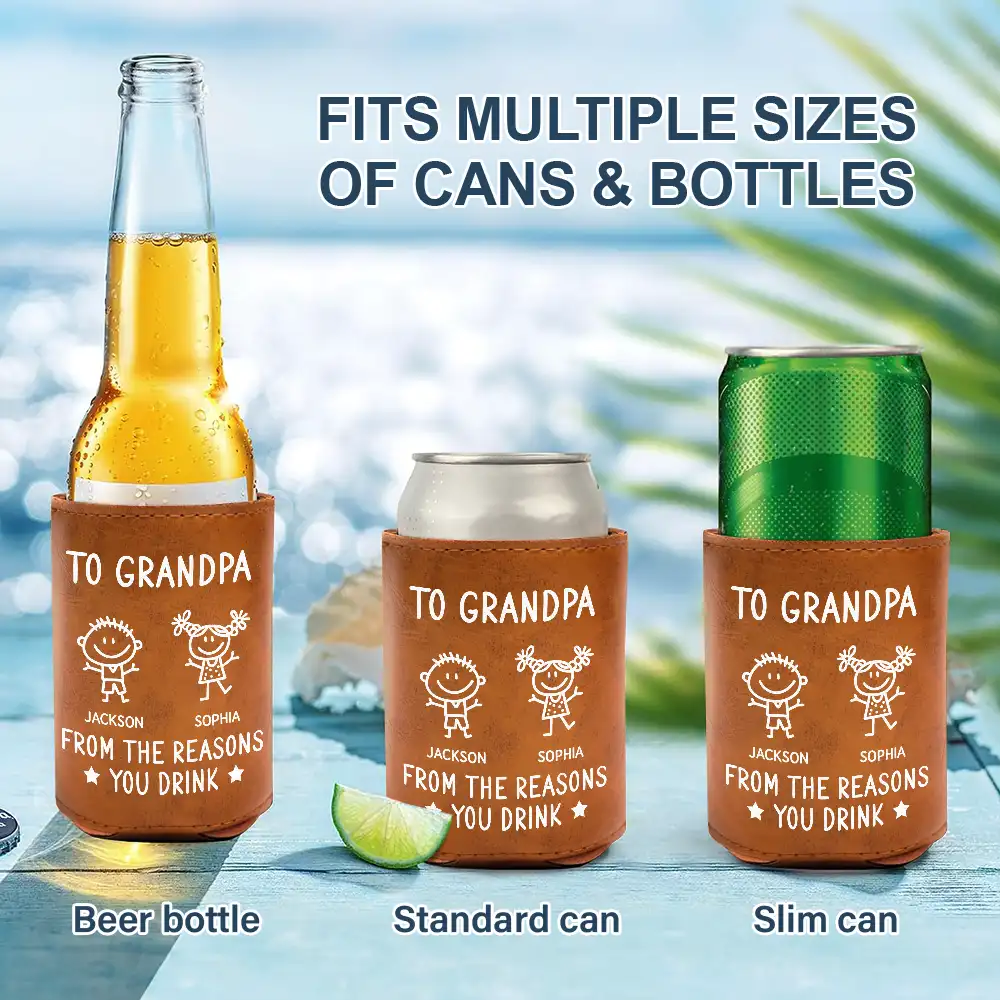 To Dad From The Reasons You Drink - Personalized Leather Can Cooler - Image 2
