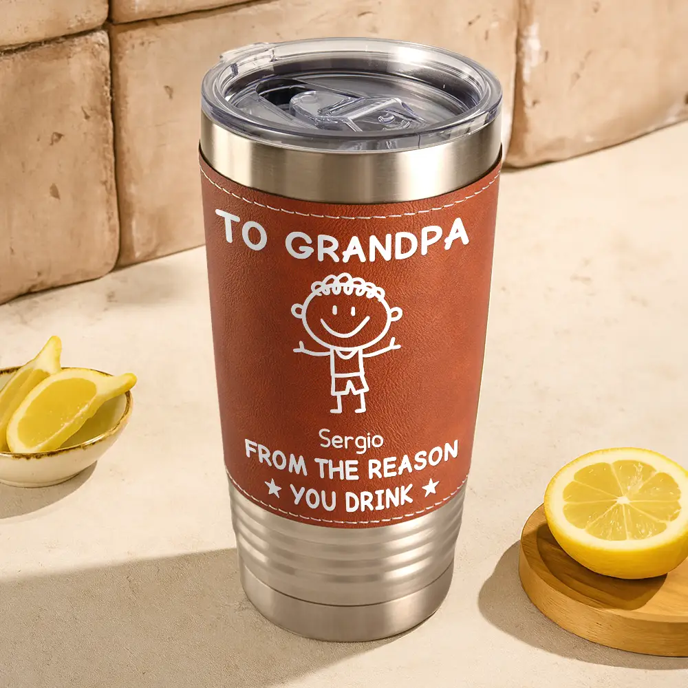 To Dad From The Reasons You Drink - Personalized Leather Tumbler - Image 3