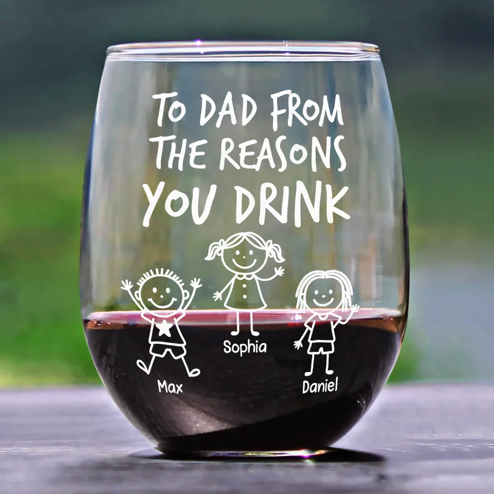 To Mom Dad From The Reasons You Drink Stick Figures Kid Pet - Personalized Stemless Wine Glass - Image 2