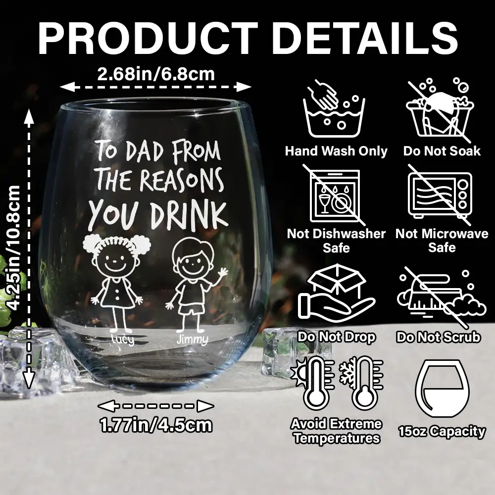 To Mom Dad From The Reasons You Drink Stick Figures Kid Pet - Personalized Stemless Wine Glass - Image 5