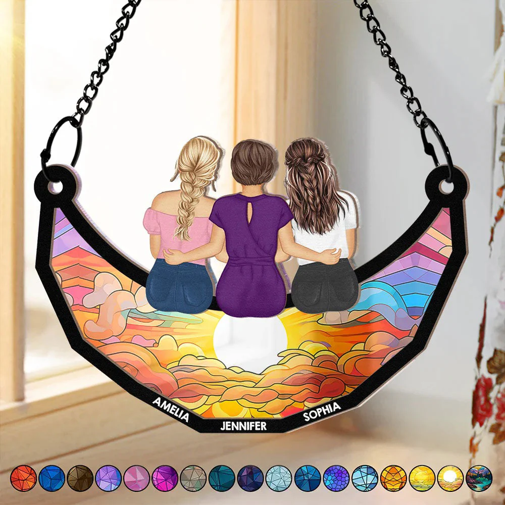 Together On The Moon Grandma, Mom And Children - Personalized Window Hanging Suncatcher Ornament