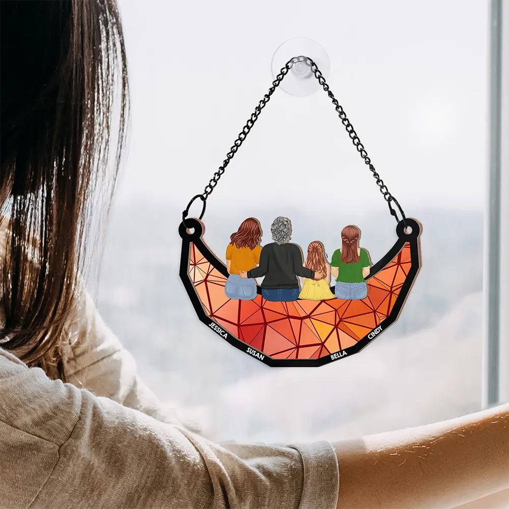 Together On The Moon Grandma, Mom And Children - Personalized Window Hanging Suncatcher Ornament - Image 6