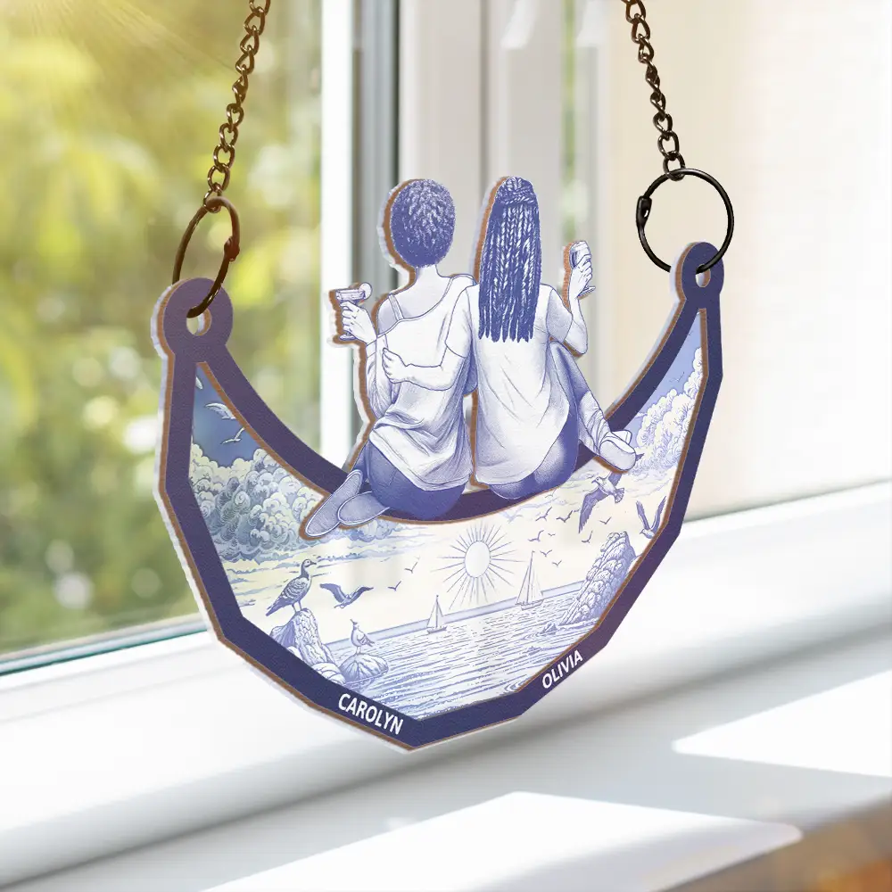 Toile Art Bestie Sitting On The Moon - Personalized Window Hanging Suncatcher Ornament - Image 3