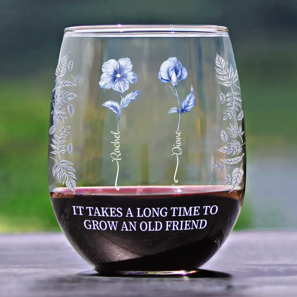 Toile Birth Flower Grow An Old Friend Bestie - Personalized Stemless Wine Glass - Image 2