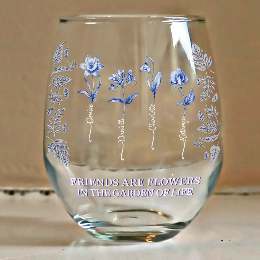 Toile Birth Flower Grow An Old Friend Bestie - Personalized Stemless Wine Glass - Image 4