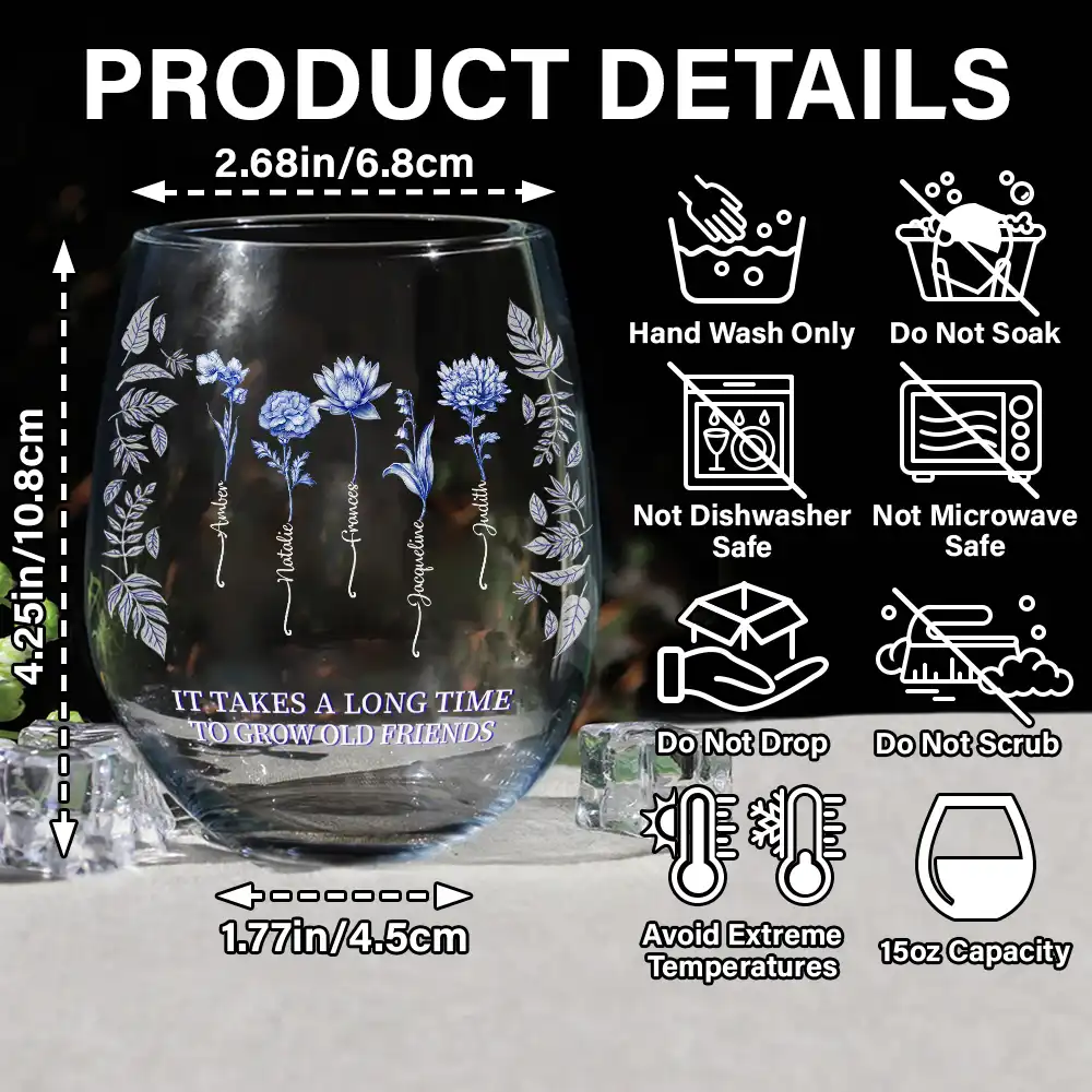 Toile Birth Flower Grow An Old Friend Bestie - Personalized Stemless Wine Glass - Image 5