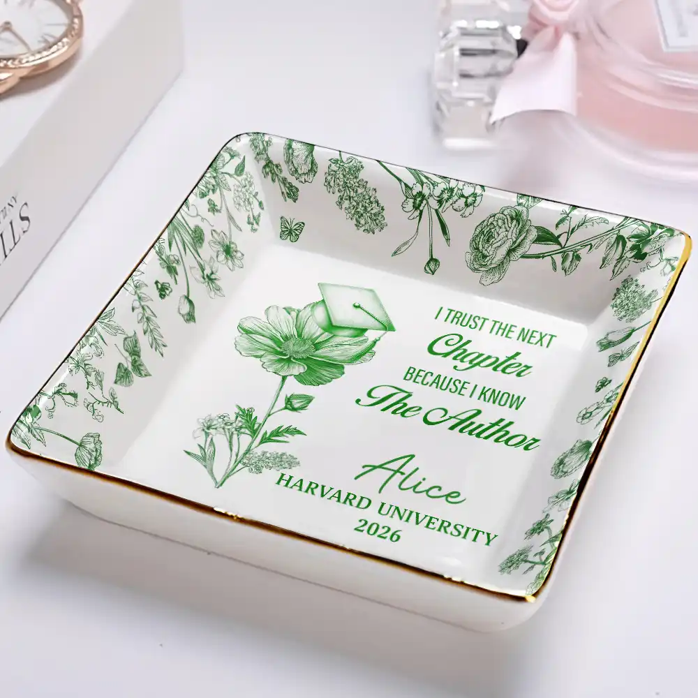 Toile Birth Month Flower Congrats Grad - Personalized Ring Dish - Image 2