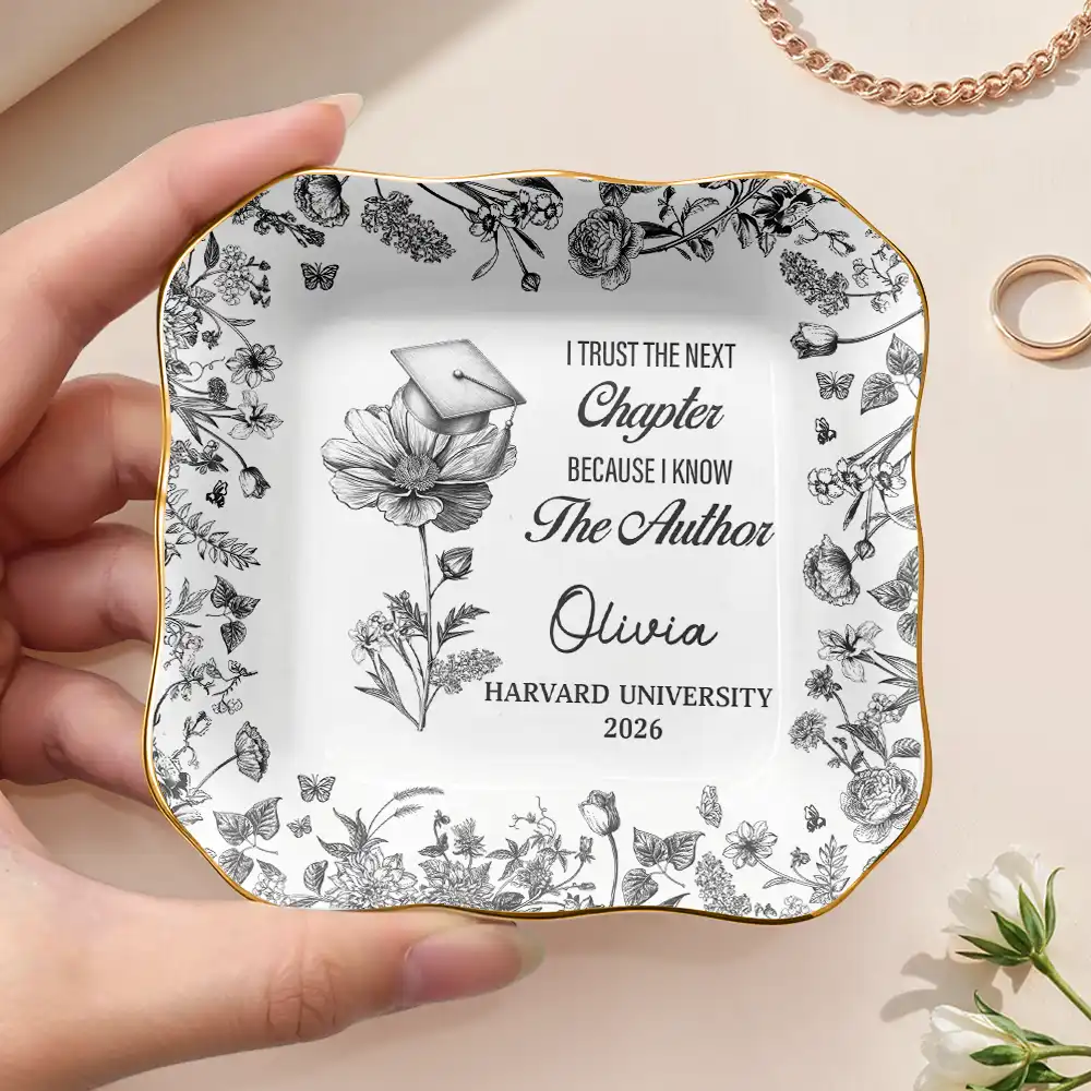 Toile Birth Month Flower Congrats Grad - Personalized Ring Dish - Image 3