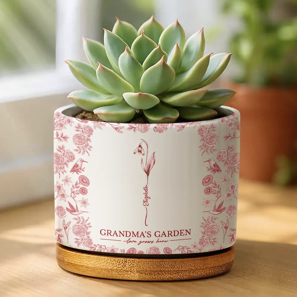 Toile De Jouy Birth Flower Grandma's Garden - Personalized Ceramic Plant Pot - Image 2