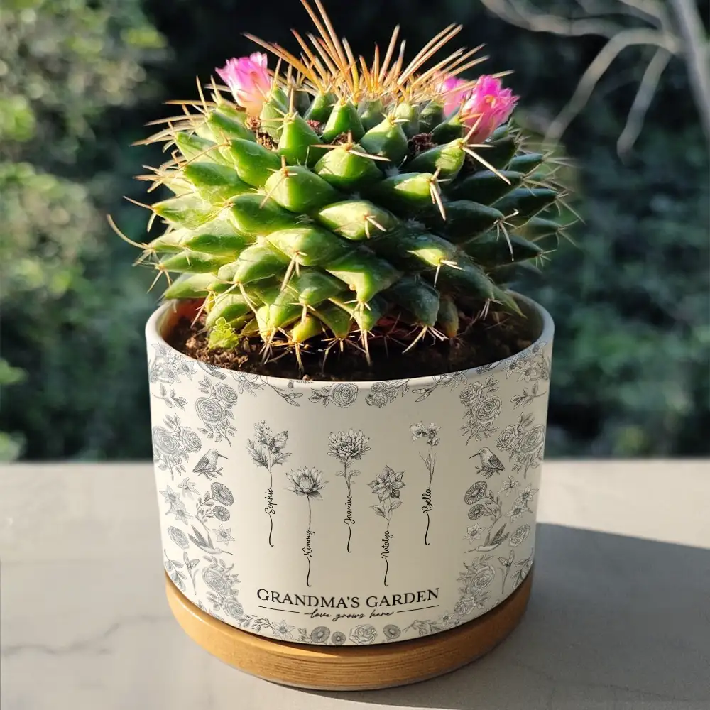 Toile De Jouy Birth Flower Grandma's Garden - Personalized Ceramic Plant Pot - Image 4