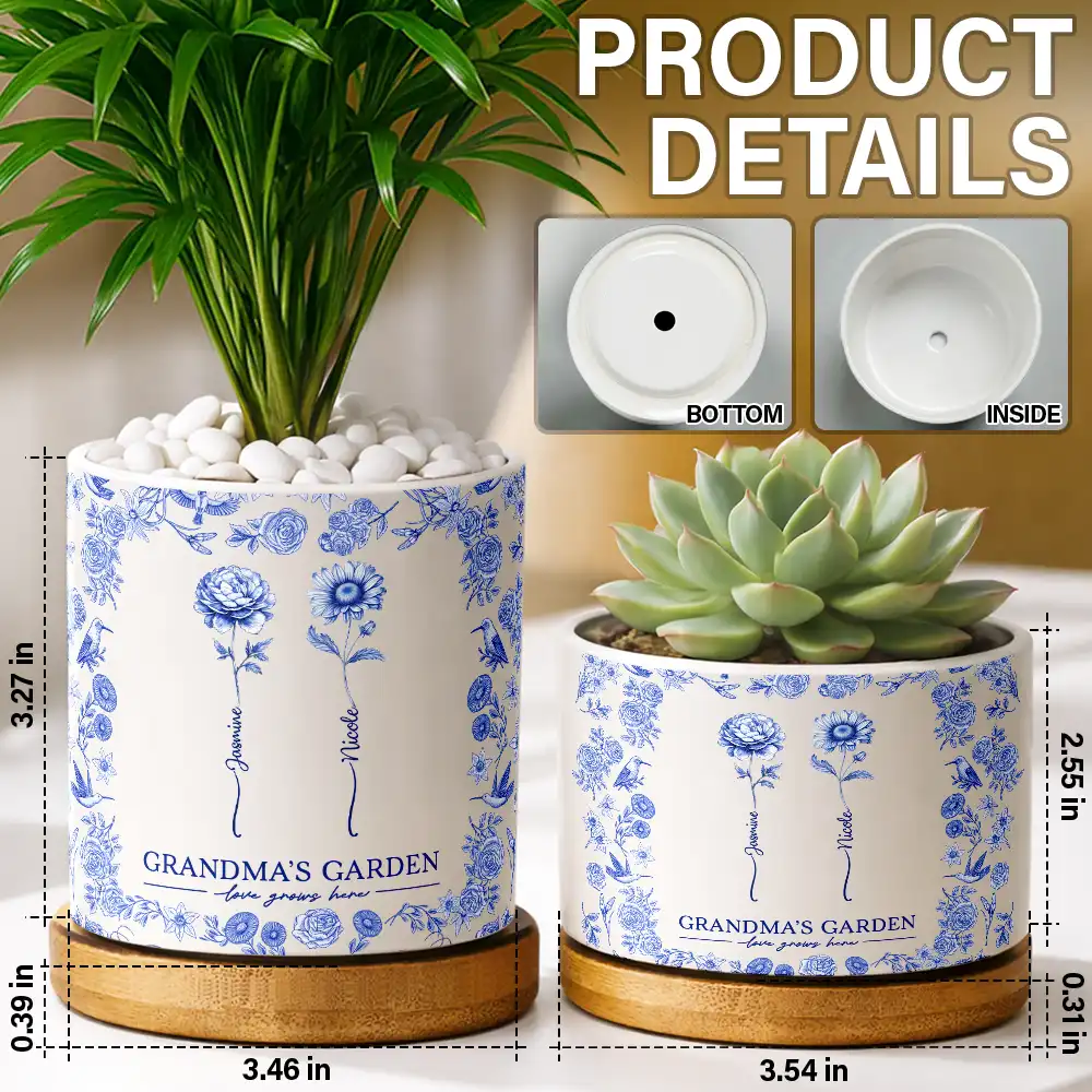 Toile De Jouy Birth Flower Grandma's Garden - Personalized Ceramic Plant Pot - Image 5