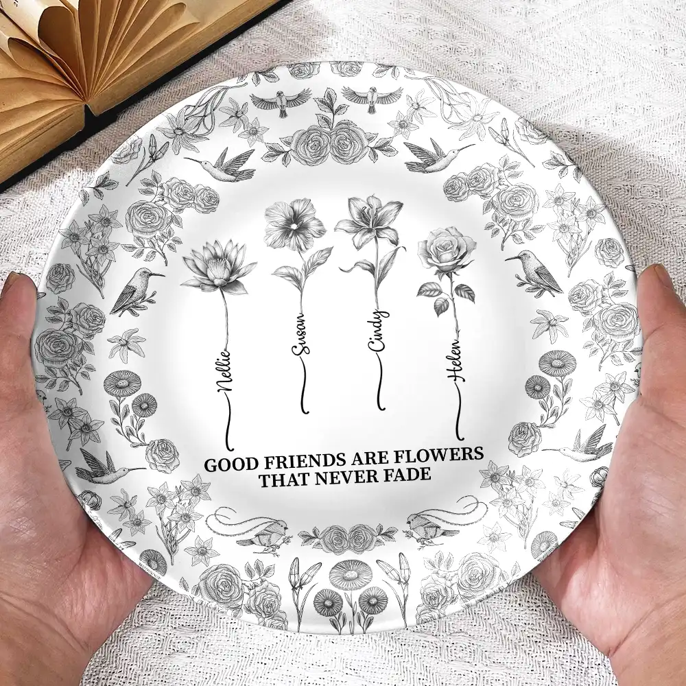 Toile De Jouy Birth Flower Grow An Old Friend - Personalized Ceramic Plate - Image 3