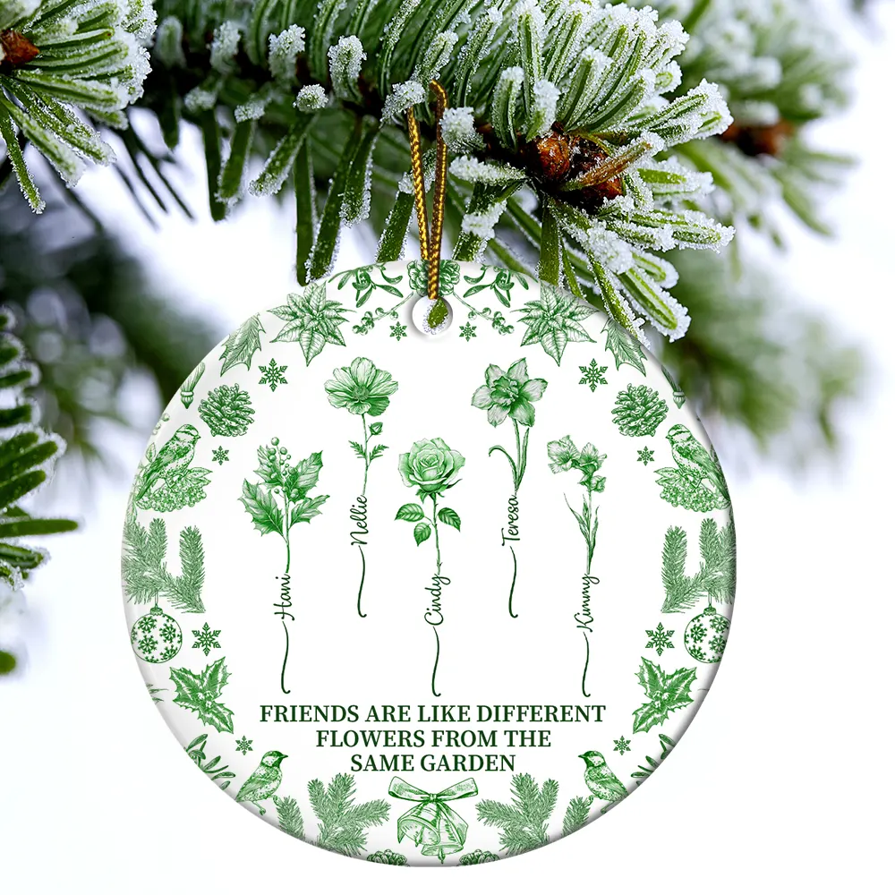 Toile De Jouy Birth Flower Grow An Old Friend - Personalized Circle Ceramic Ornament - Image 4