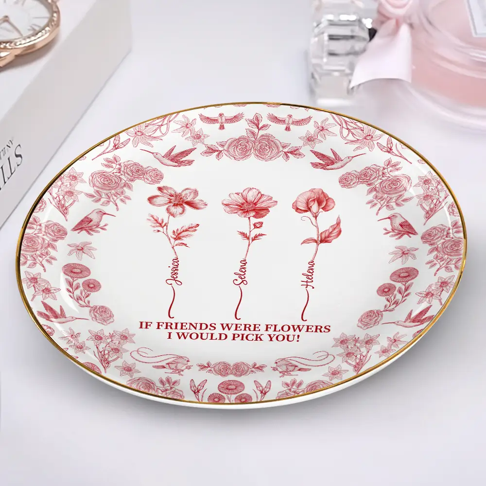 Toile De Jouy Birth Flower Grow An Old Friend - Personalized Round Ring Dish - Image 2