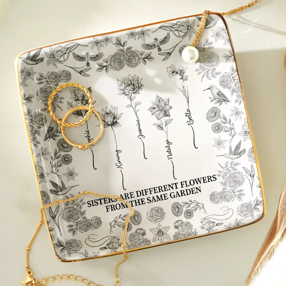 Toile De Jouy Birth Flower Sisters From The Same Garden - Personalized Ring Dish - Image 4