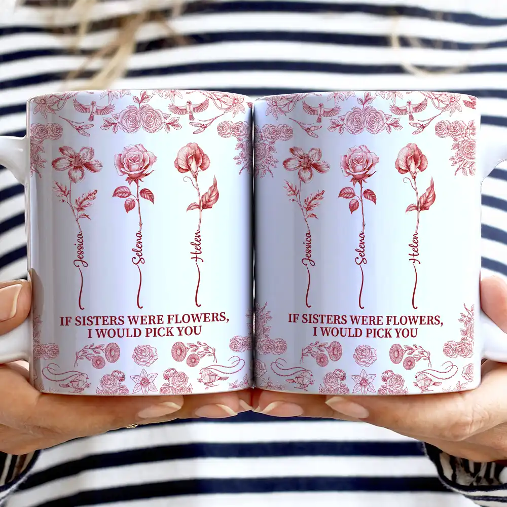 Toile De Jouy Birth Flower Sisters From The Same Garden - Personalized White Edge-to-Edge Mug - Image 2