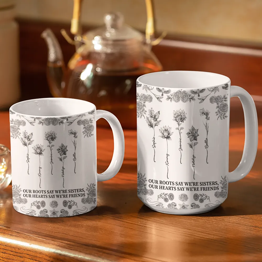 Toile De Jouy Birth Flower Sisters From The Same Garden - Personalized White Edge-to-Edge Mug - Image 3