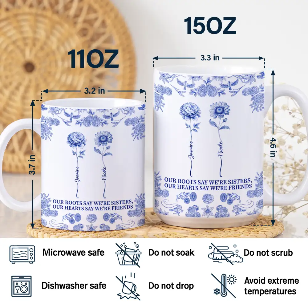 Toile De Jouy Birth Flower Sisters From The Same Garden - Personalized White Edge-to-Edge Mug - Image 5