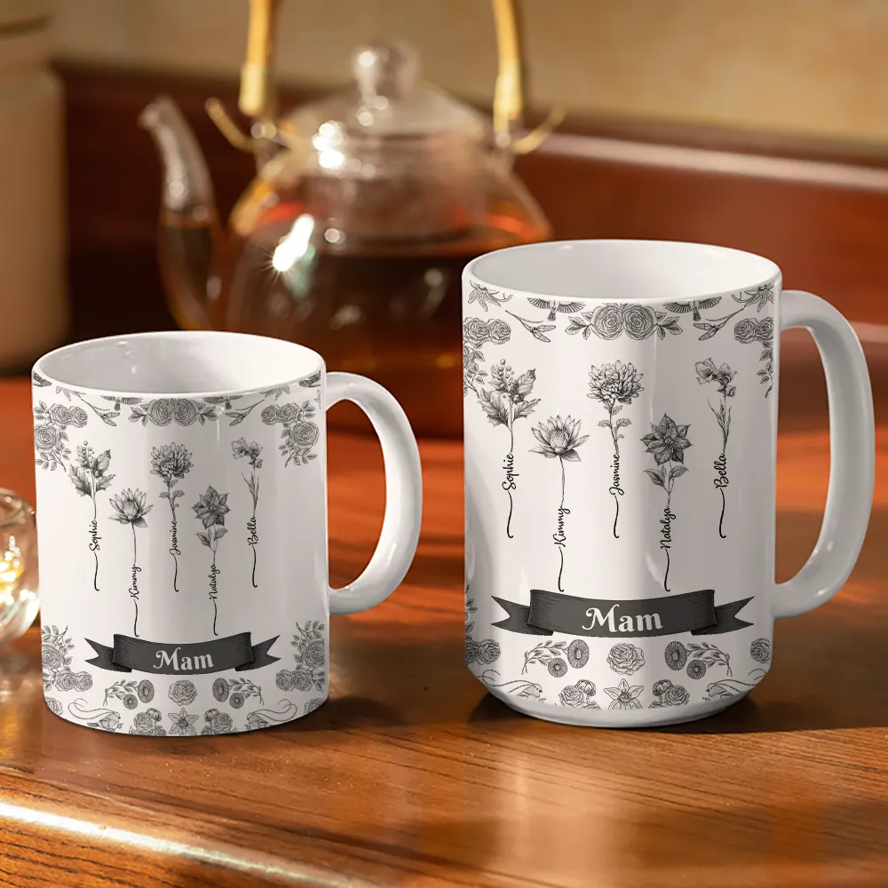 Toile De Jouy Birth Flowers For Grandma And Mom - Personalized White Edge-to-Edge Mug - Image 3