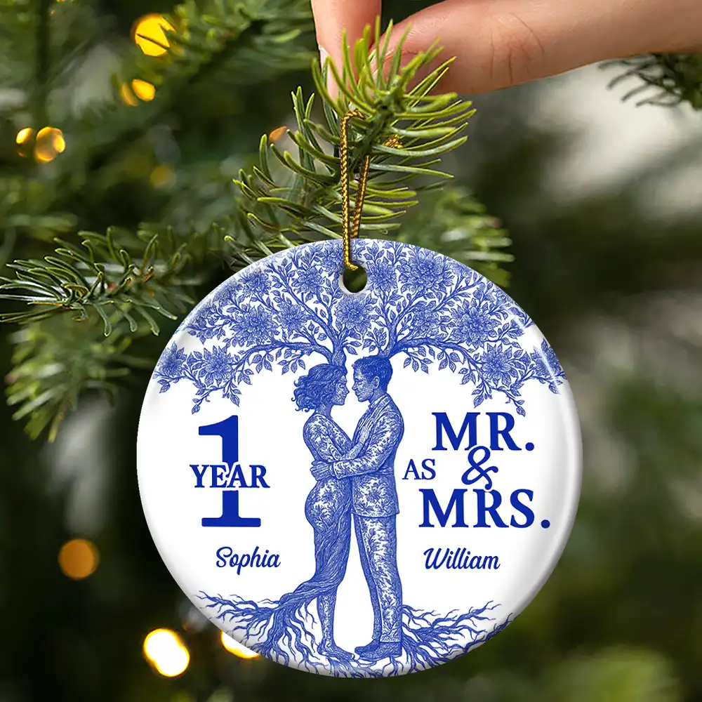 Toile De Jouy Couple Wedding Anniversary Gift - Personalized Circle Ceramic Ornament - Image 3