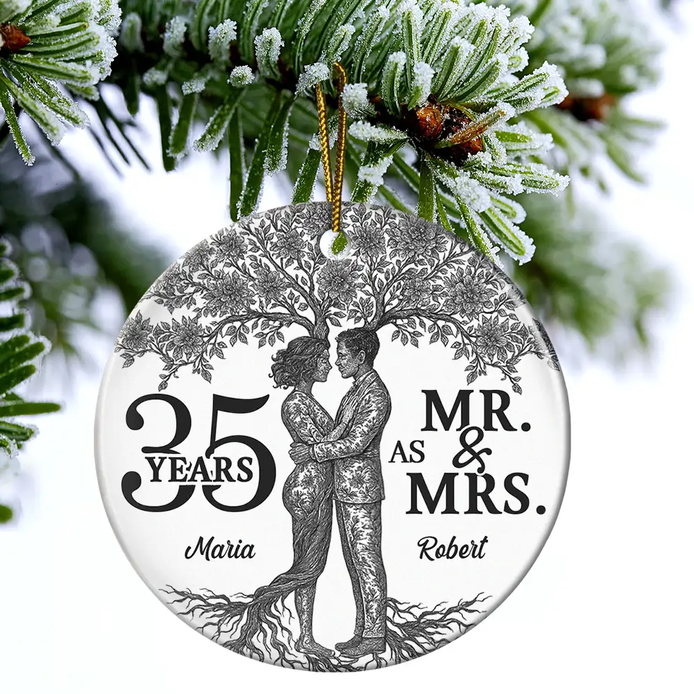 Toile De Jouy Couple Wedding Anniversary Gift - Personalized Circle Ceramic Ornament - Image 4