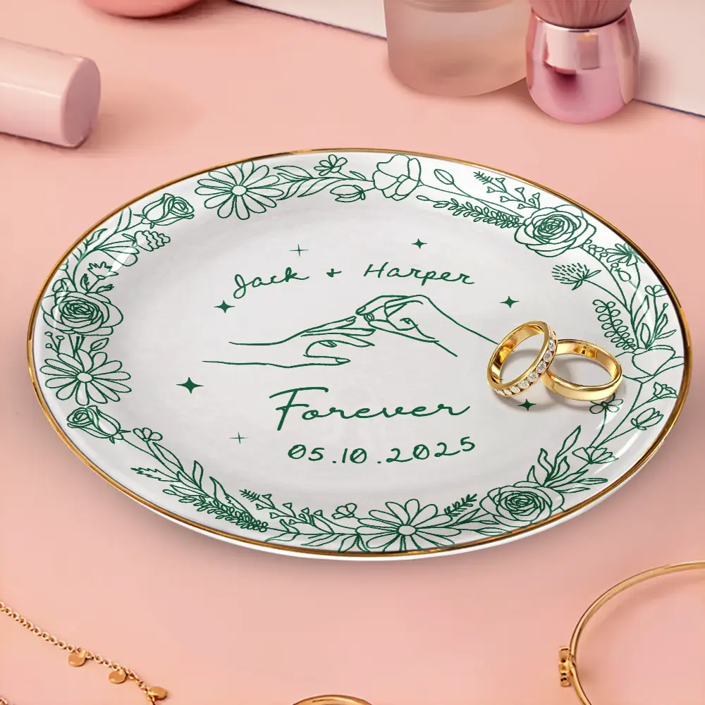 Toile De Jouy Engaged Married Couple Hands - Personalized Round Ring Dish - Image 3
