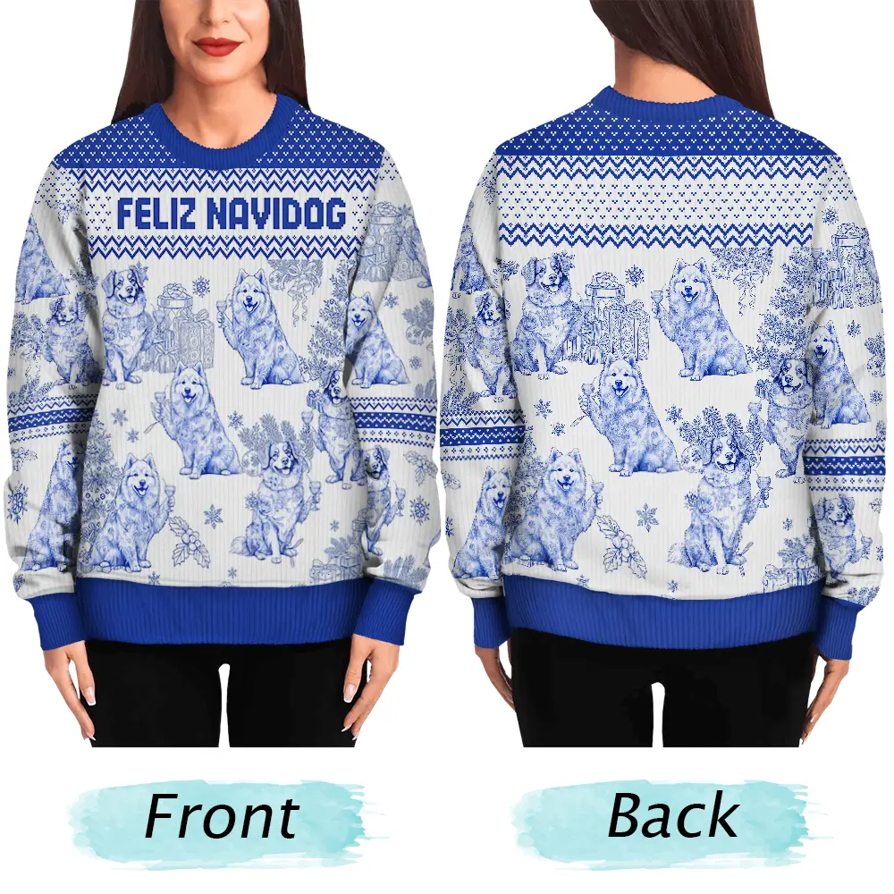 Toile De Jouy Feliz Navidog - Personalized Unisex Ugly Sweater - Image 5