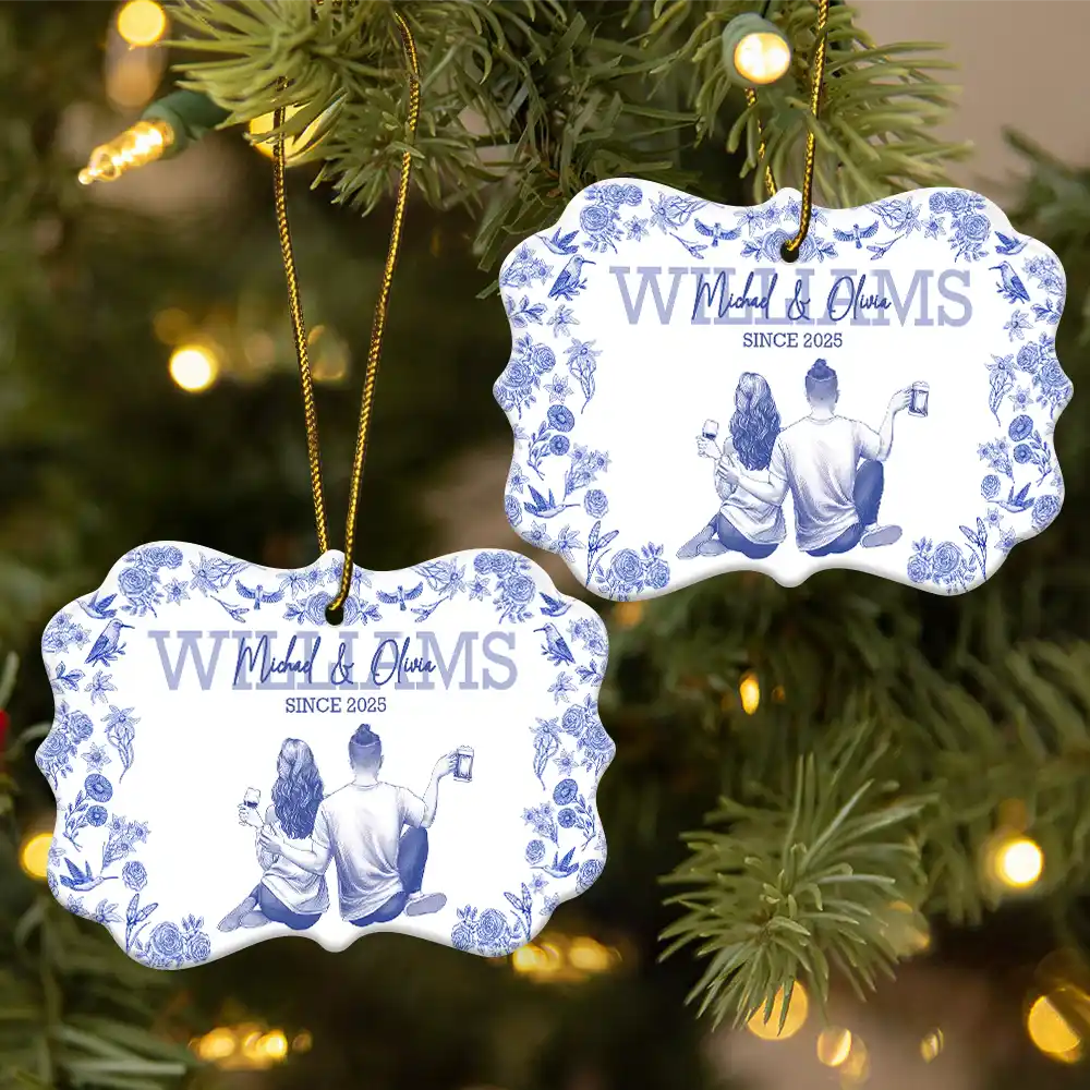 Toile De Jouy Married Couple - Personalized Medallion Ceramic Ornament - Image 2