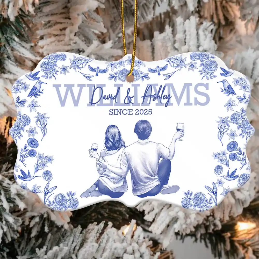 Toile De Jouy Married Couple - Personalized Medallion Ceramic Ornament - Image 4